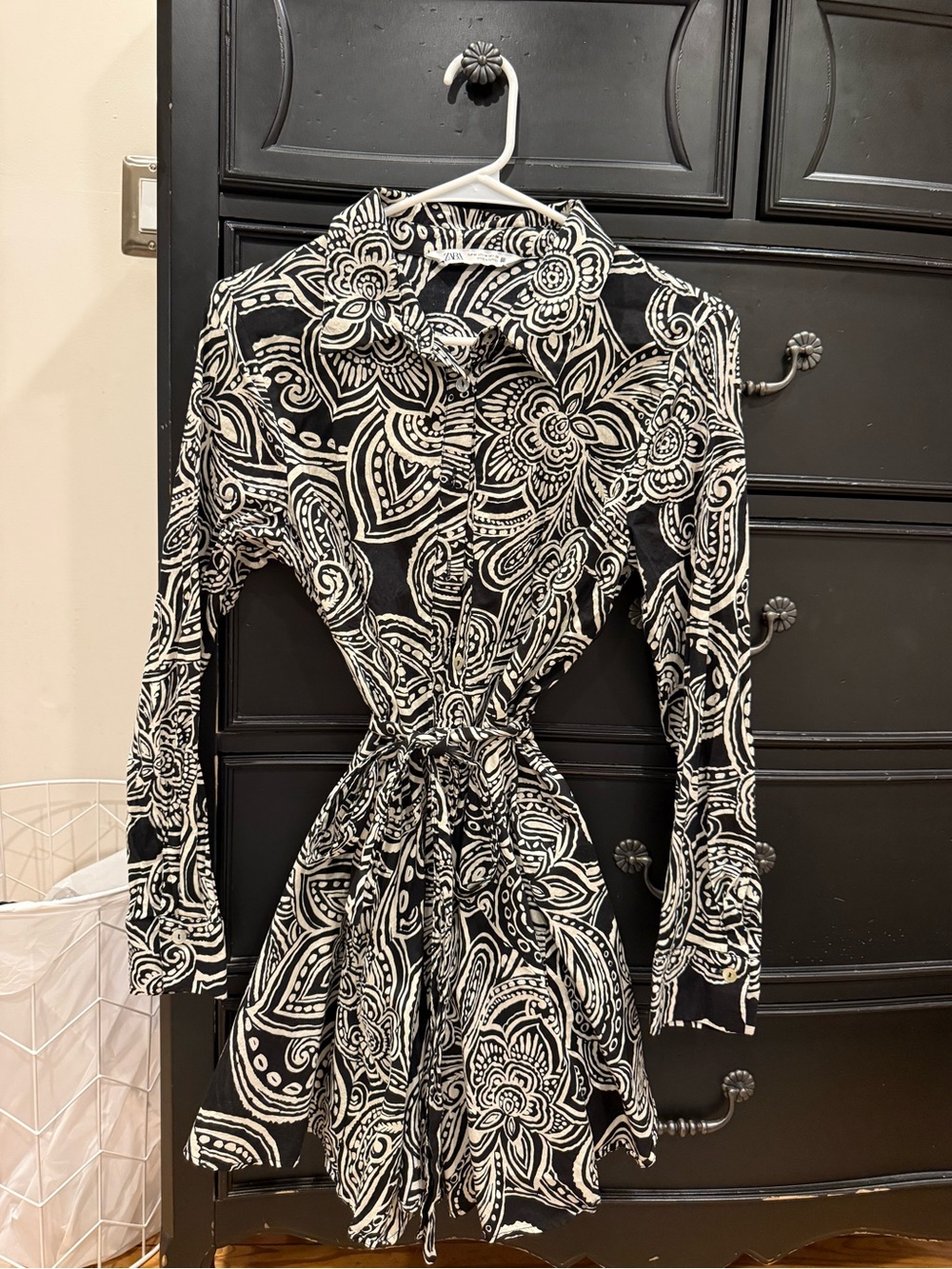 Zara Black & White Floral Dress with Tie Waist